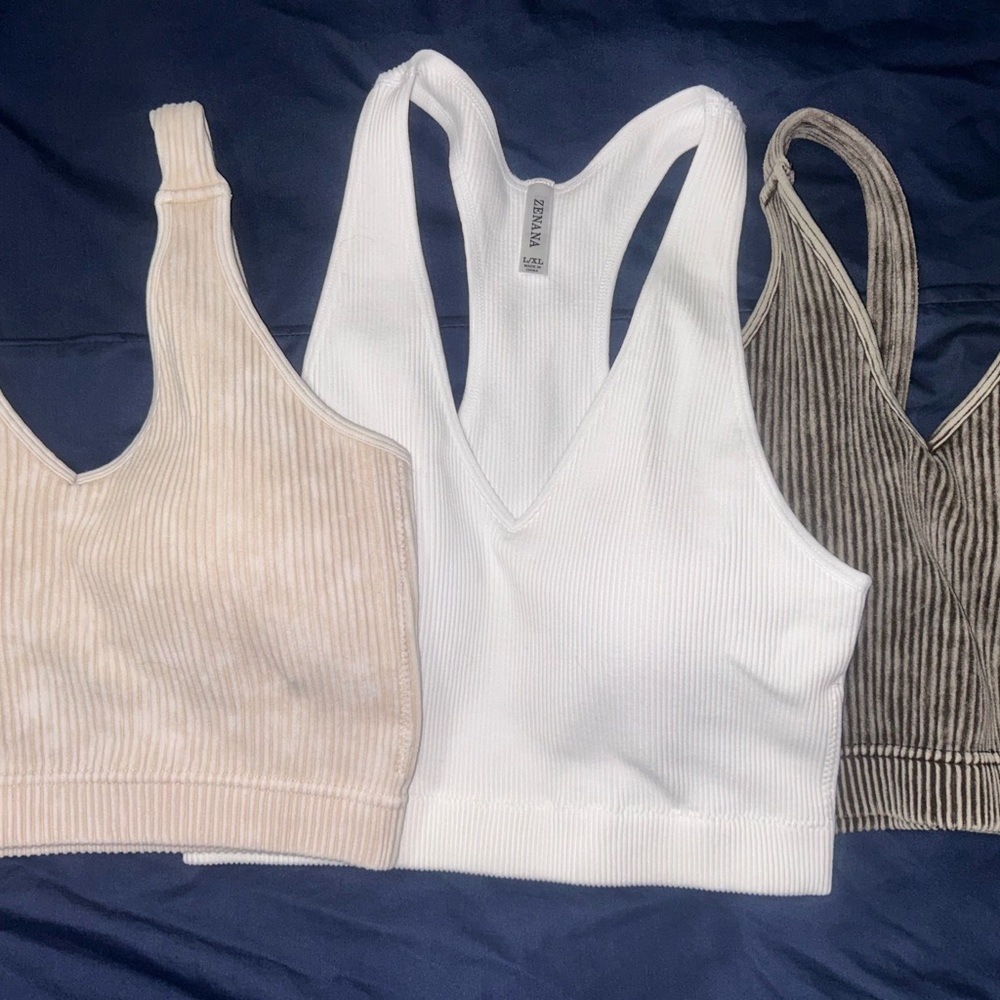Zenana Outfitters Ribbed V-Neck Bralette Trio in White, Beige, and Taupe
